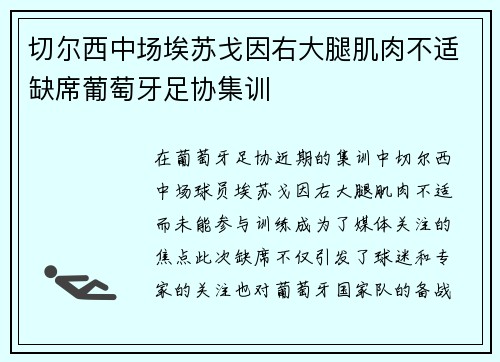 切尔西中场埃苏戈因右大腿肌肉不适缺席葡萄牙足协集训