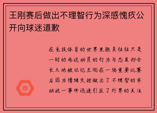 王刚赛后做出不理智行为深感愧疚公开向球迷道歉